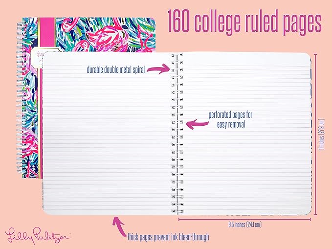 Lilly Pulitzer Large Hardcover Spiral Notebook, 11" x 9.5" with 160 College Ruled Pages, Flamenco Beach