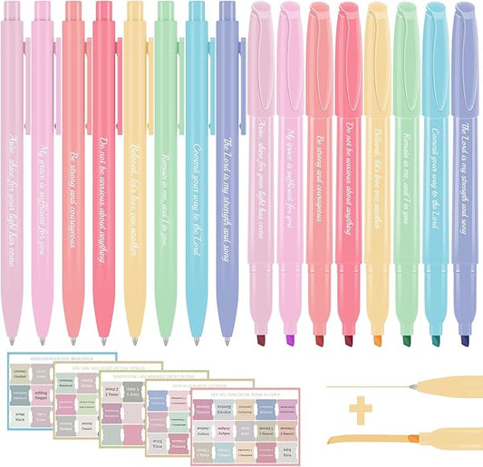7-ackz Bible Highlighters Assorted Colors and Gel Pens Set, 8 Pastel Highlighter Markers 8 Colored Ink Gel Pens, 75 Tabs,Quickly Dry for Bible Study, Motivational Gift for Christians