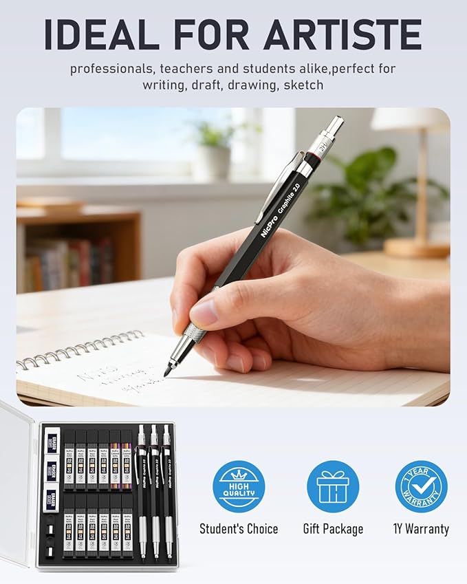 Nicpro 2mm Metal Mechanical Pencil Set with Case, 3PCS Lead Pencil Holder 2.0 mm with 144PCS Lead Refills (4H 2H HB 2B 4B 6B Color), Eraser, Sharpener for Drafting Writing Drawing Sketching