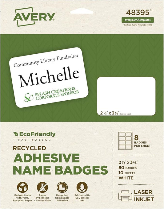 Avery EcoFriendly Recycled Name Tags, 2-1/3" x 3-3/8", White, Removable Adhesive, 80 Printable Name Badges (48395)