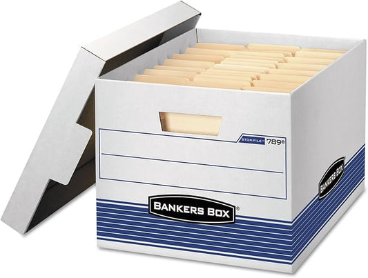 Bankers Box 0078907 STOR/FILE Med-Duty Letter/Legal Storage Boxes, Locking Lid, White/Blue, 4/Carton