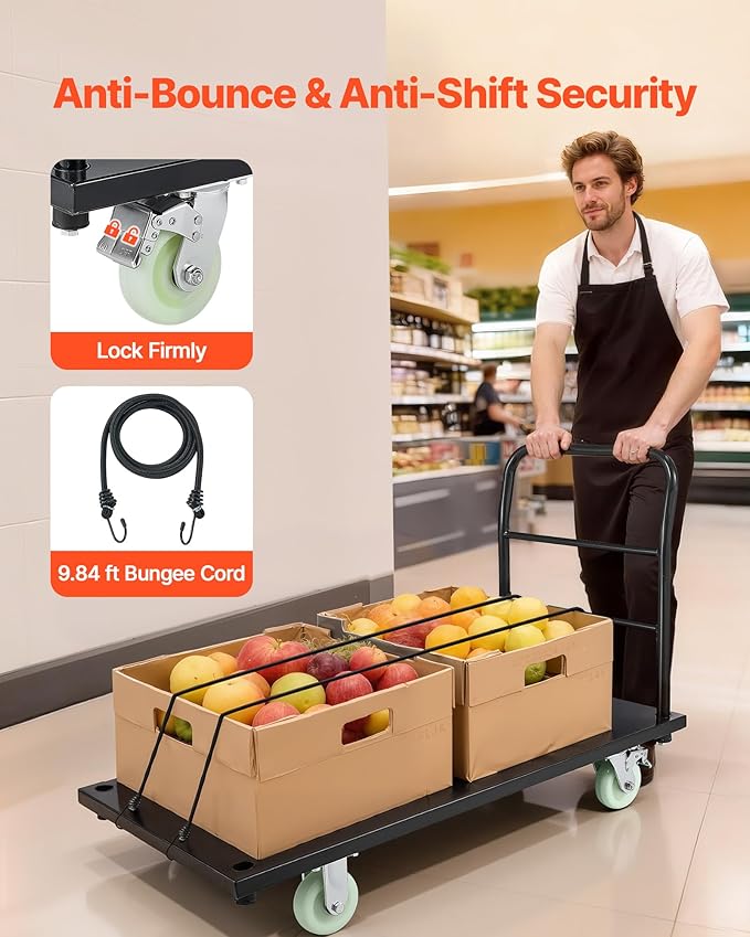 VEVOR Heavy Duty Platform Truck, 2000 LBS Industrial Steel Flatbed Cart with 360° Swivel Wheels, Platform Push Cart Dolly, Easy Storage for Warehouse/Garage/Moving/Garden (48" x 24" x 32")
