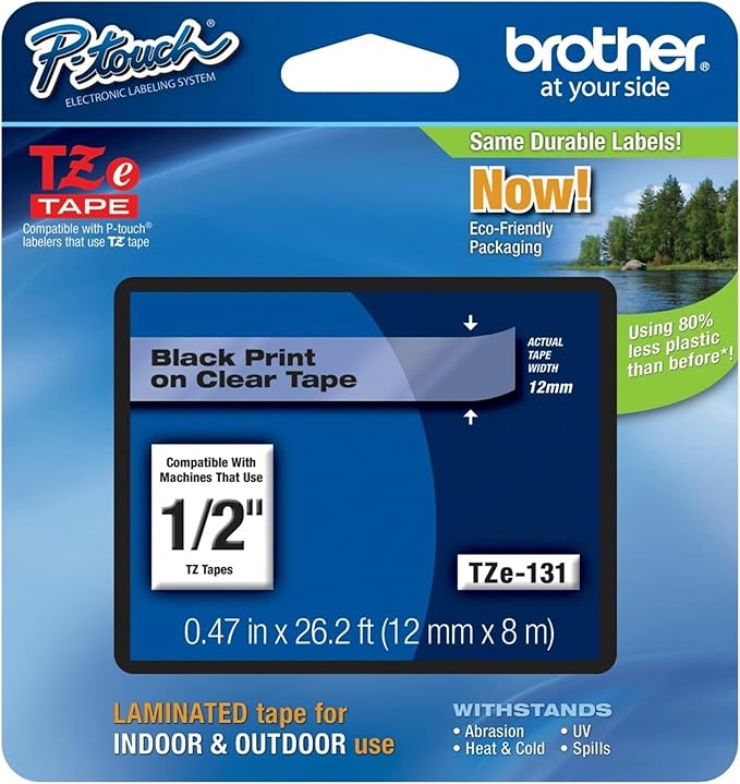 Brother Genuine P-touch TZE-131 Tape, 1/2" (0.47") Standard Laminated P-touch Tape, Black on Clear, Perfect for Indoor or Outdoor Use, Water Resistant, 26.2 Feet (8M), Single-Pack
