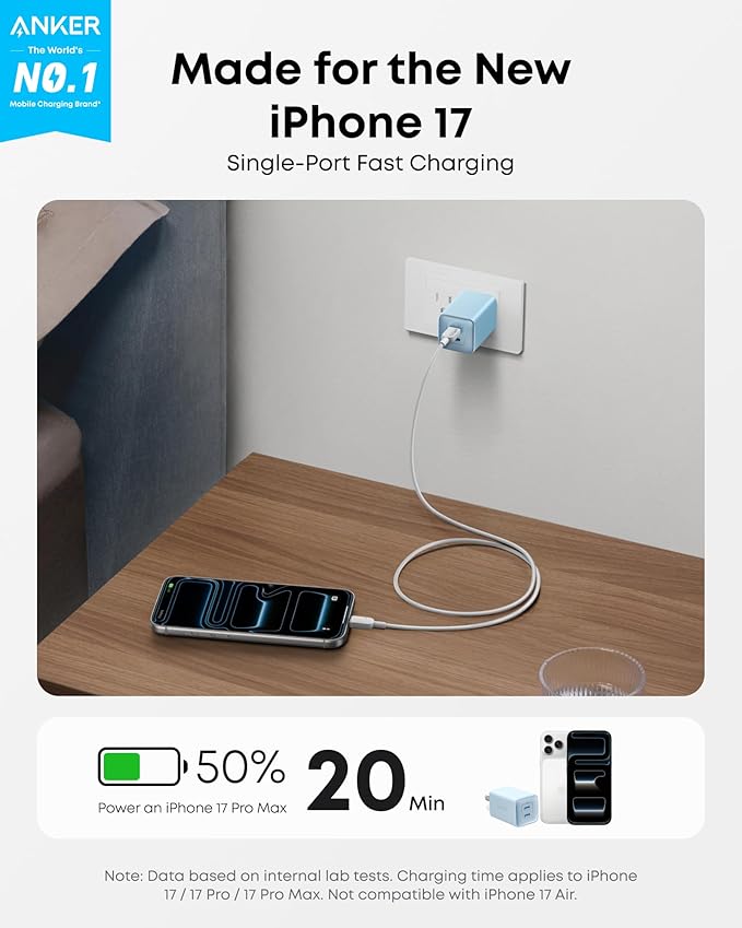 Anker Nano Charger, 47W 2 Port Compact Foldable GaN USB C Charger for iPhone 17/16, Galaxy, Pixel, Compatible with MagSafe (Blue)
