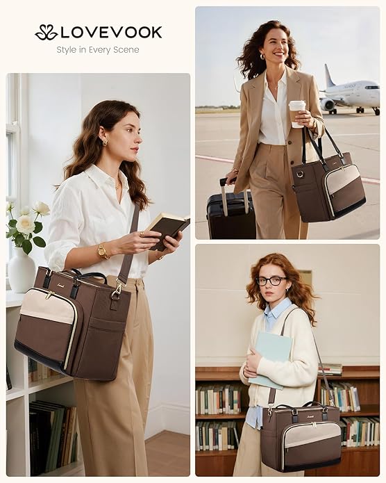 LOVEVOOK Teacher Tote Bag, Laptop Bag for Women with Large Cup Holder & Accordion File Area, Work Tote Bag for Business