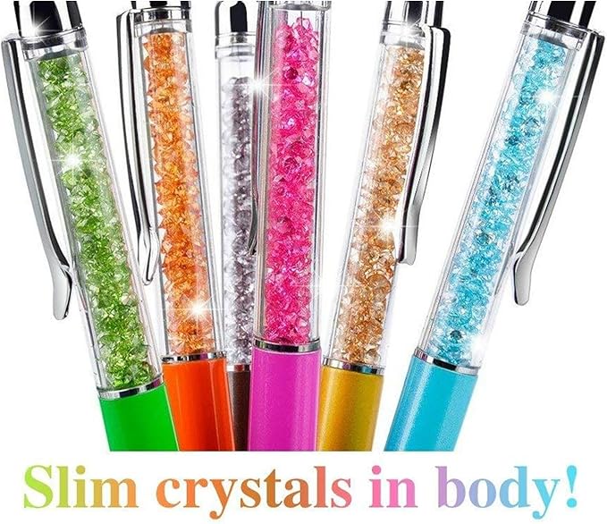 MengRan Cute Pens with Stylus Tip, 2 in 1 Black Ink Ballpoint Pens and Slim Crystal Stylus Pens for Touch Screens(12 colors)
