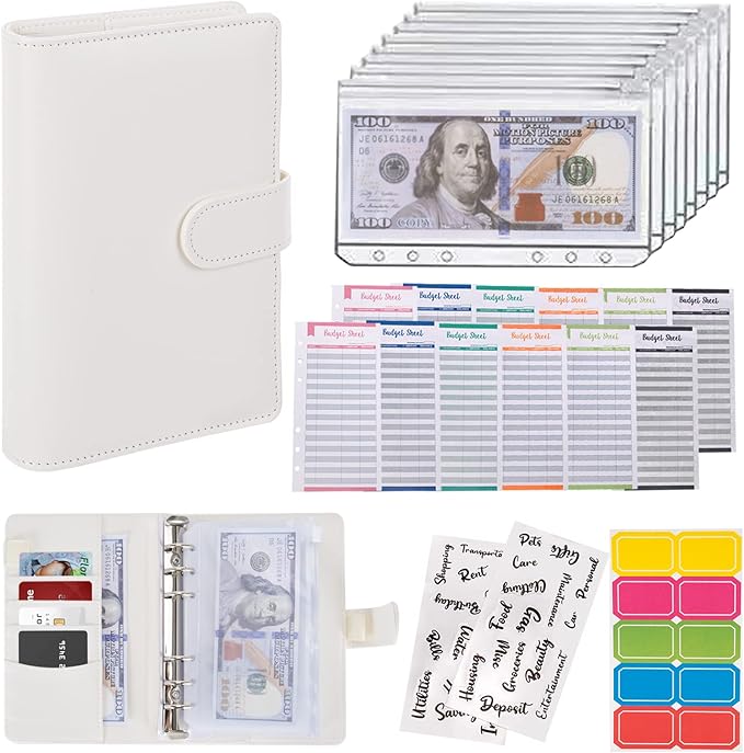 NICOOTHBudget Binder Cash Envelopes A6 Money Saving Binder with Zipper envelopes (White)