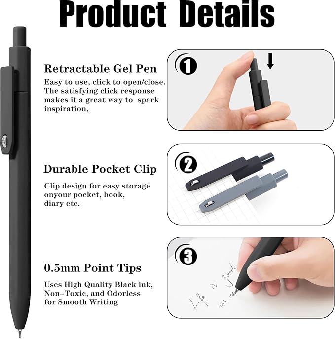 Black Gel Pens, 8Pcs Fine Point Black Ink Smooth Writing Pens for Journaling, Nurse Aesthetic Cute Office School Supplies, Gifts for Women and Men(8Pcs Black White Grey-Black Ink)