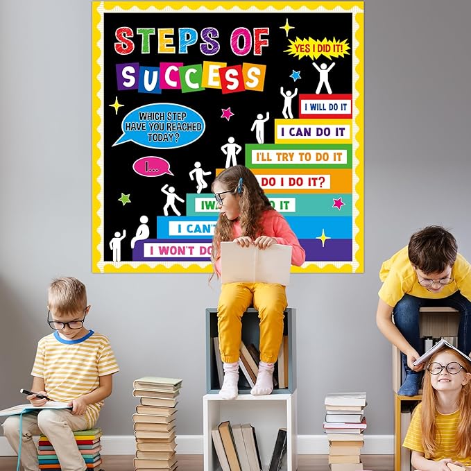 Motivational Bulletin Board Decoration Set Positive Classroom Decor Steps of Success Paper Cutouts Educational Sayings Accents for Back to School Elementary Home Wall Door Supplies