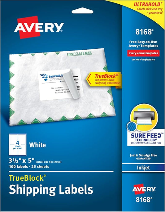 Avery Shipping Address Labels, Inkjet Printers, 100 Labels,3-1/2 x 5, Permanent Adhesive,White, 5 Packs (8168)