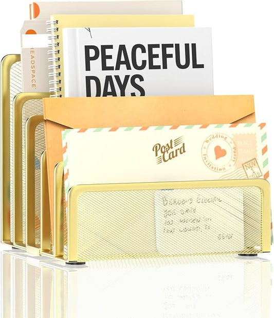 Mail Organizer Countertop with 5 Slot, Metal Mail Holder for Desk, File Holder Letter Sorter for Envelope, Bill and Document (Gold)