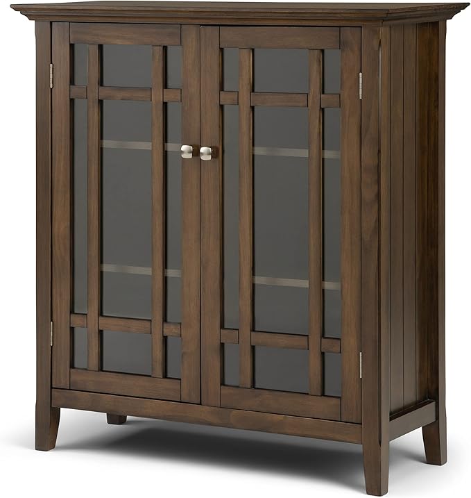 SIMPLIHOME Bedford Storage Cabinet - 39 inch Wide Solid Wood Medium Cabinet in Rustic Natural Aged Brown, Transitional Console for Living Room, Entryway, or Dining Room with Glass Doors and Shelves