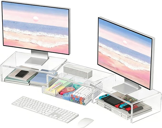 OPNICE Clear Acrylic Desk Organizers and Accessories, Dual Monitor Stand Riser with Drawer, Desk Shelf Computer Racks for Office Workspace Organizers, Desktop Organization