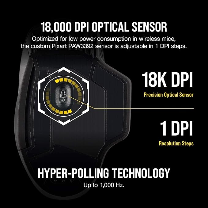Corsair Dark CORE RGB PRO Wireless/Wired FPS MOBA Gaming Mouse – 18,000 DPI, Fast Response Time, 8 Programmable Side Buttons, Dynamic Multi-Color Backlighting – Black