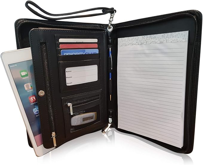 Customized Junior Zippered Leather Padfolio - Name/Logo Printed on Matt Black PU Leather Portfolio Binder & Organizer Folder with 8 Inch Tablet Sleeve & with Junior Legal Notepad