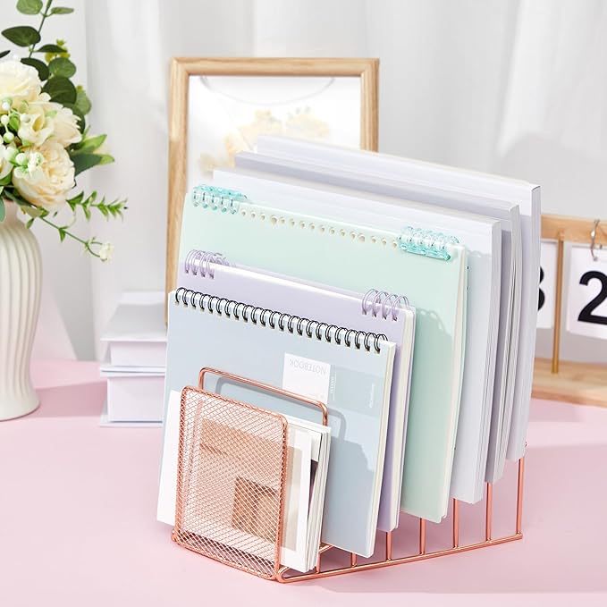 2 Pcs 7 Section Wire File Organizer for Desk, Metal Mesh Incline File Holder, Letter & Magazine Folder Rack, Desktop Paper Sorter for Home Office School (Rose Gold)