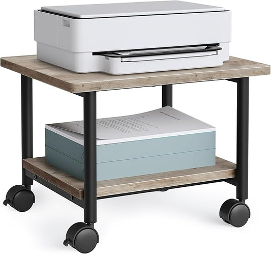 VASAGLE Heavy-Duty Printer Stand with Locking Wheels, 2-Tier Industrial Mobile Cart with Storage Shelf, Under Desk Printer Table for Home, Office, 13.4" Height, Heather Greige and Black UOPS002B02