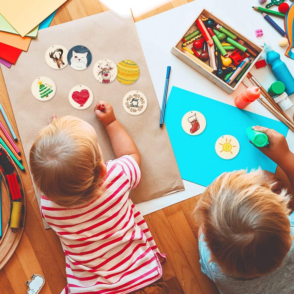 Unfinished Wooden Circles with Holes, 50Pcs 3 Inch Round Wood Tags Ornaments Blank Round Wooden Slices with Jute Twines for Sign Tags Christmas Home Party Hanging Decoration