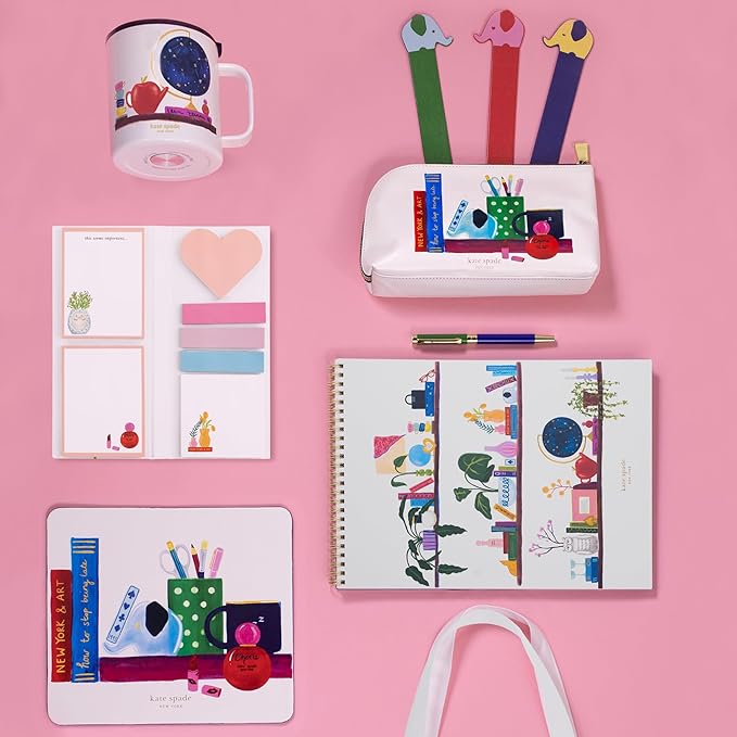 kate spade new york Zipper Pouch Filled with Planner Stickers and Accessories, Set Includes Notepad, Sticker Tabs, Black Ink Pen and Holder, Vegan Leather Accessory Bag, Charmed Library