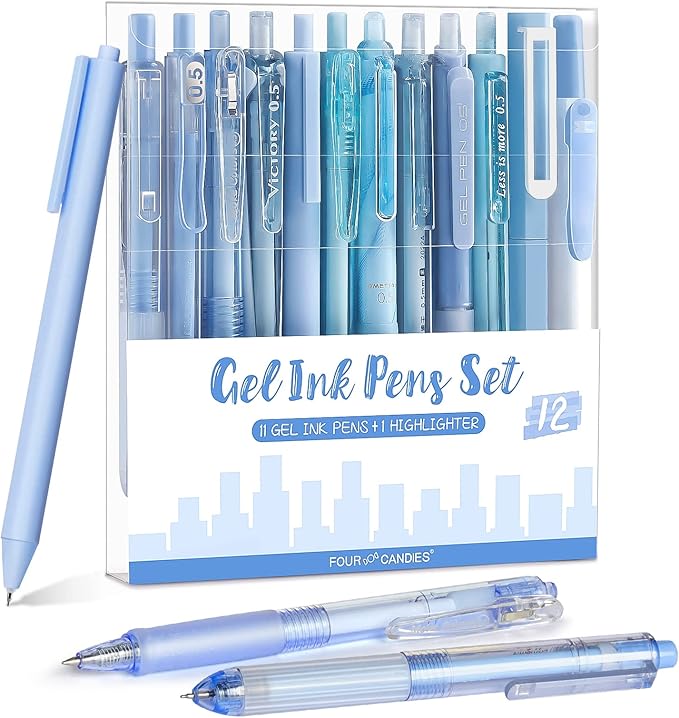 Four Candies Ocean Series Gel Pens, Black & Blue Ink Journaling Pens with 0.5 mm Fine Point, Cute School Office Supplies Aesthetic Desk Accessories, Set of 12