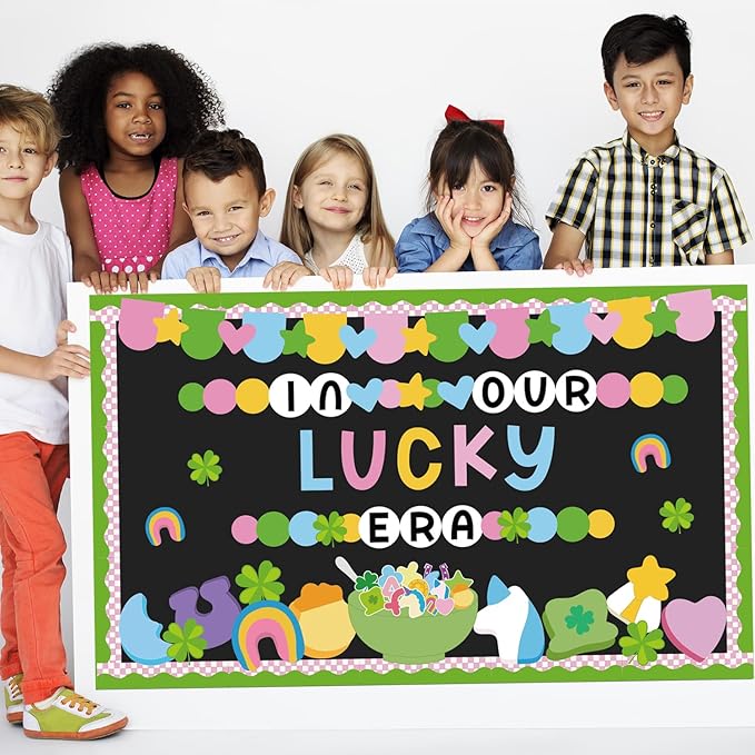 87Pcs St. Patrick's Day Bulletin Board Decorations Set Lucky Charm Unicorn Gold Coin Paper Cutouts Funny Shamrock March Classroom Decor for Chalkboard Window Wall Door Irish Party Home Office School