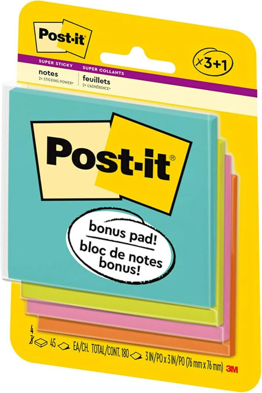 Post-it Super Sticky Notes, 3x3 in, 4 Pads, 2X The Sticking Power, Miami Collection, Neon Colors (Orange, Pink, Blue, Green), Recyclable(3321-SSAN-B)