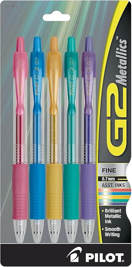 Pilot, G2 Metallics Gel Roller Pens, Fine Point 0.7 mm, Assorted Colors, Pack of 5