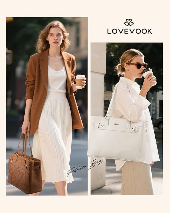 LOVEVOOK Laptop Tote Bag for Women Work, Teacher Tote Bag with Large Cup Holder, 15.6 Inch Waterproof Leather Computer Bag