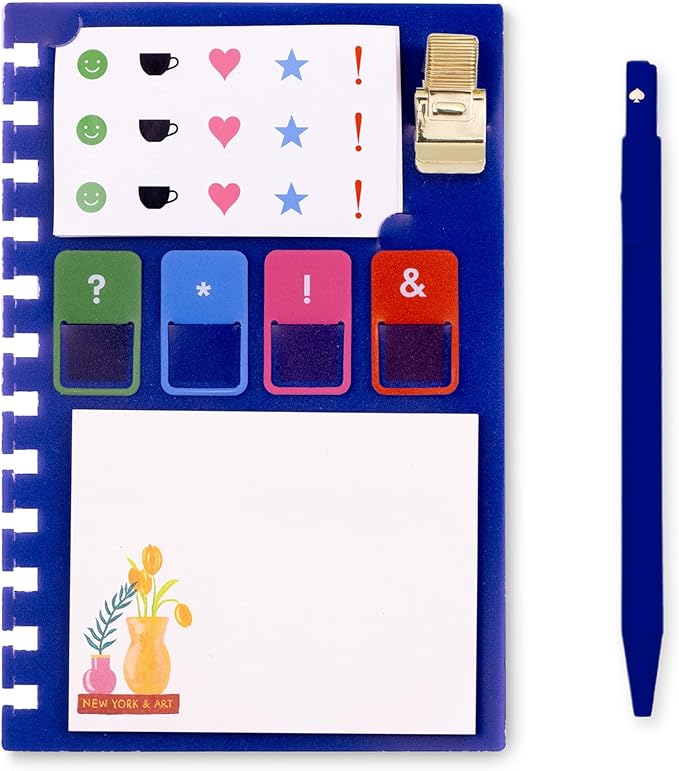 kate spade new york Zipper Pouch Filled with Planner Stickers and Accessories, Set Includes Notepad, Sticker Tabs, Black Ink Pen and Holder, Vegan Leather Accessory Bag, Charmed Library