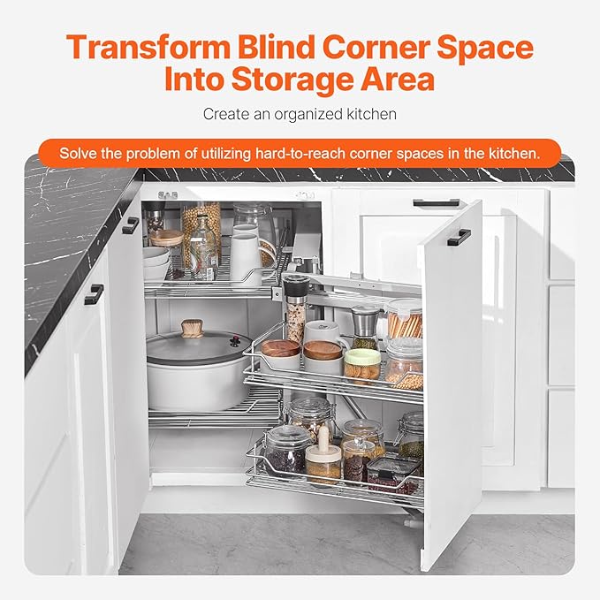 VEVOR 18" W Opening Blind Corner Pull Out Organizer, 2 Tier 4 Shelf Kitchen Cabinet Organizer, Magic Chrome Carbon Steel Storage Basket, Slide Out Storage Organizer, Left & Right Open Compatible