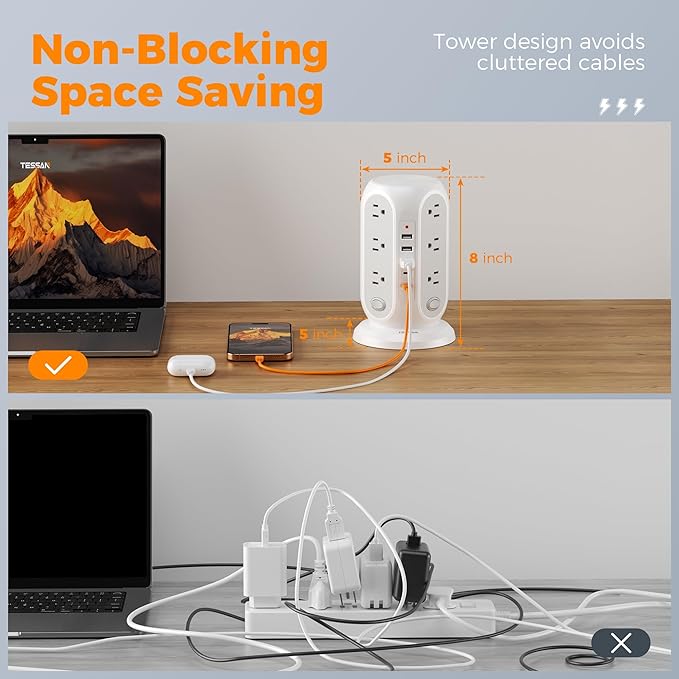 TESSAN Tower Power Strip with Individual Switches, Surge Protector with 12 Outlets, 5 USB Ports(2 USB C), Flat Extension Cord 10 Ft, 1250W, Charging Station for Multiple Devices, for Office, Dorm