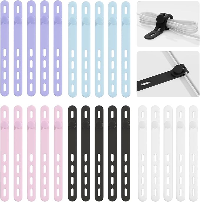 25Pack Silicone Cable Ties,Reusable Cord Organizer for Bundling Electrical Cords,Adjustable Data Cable Organizer Ties,High Elasticity Cable Straps for Home/Office/School/Travel(5 Colors)
