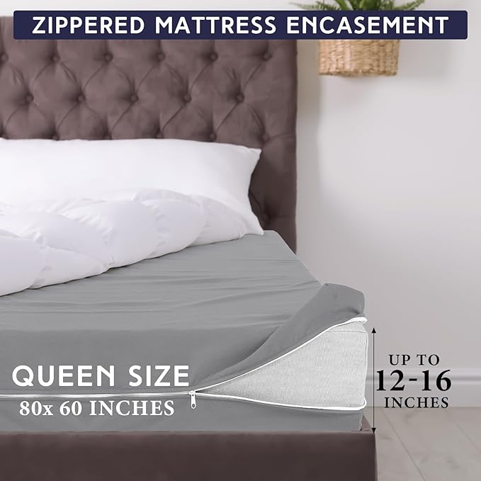 Zippered Mattress Fitted Protector Deep Mattress Encasement Soft Zipper Fitted Sheet Microfiber Bed Sheet Cover for Bed(Light Gray,Queen,12-16in)