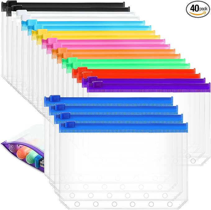 40 Pieces Binder Pockets 6 Hole Zipper Pouch 6 Ring A7 Pockets with Zipper Binder Folders Plastic Pouches Loose Leaf Bags Waterproof PVC Document Filing Bag