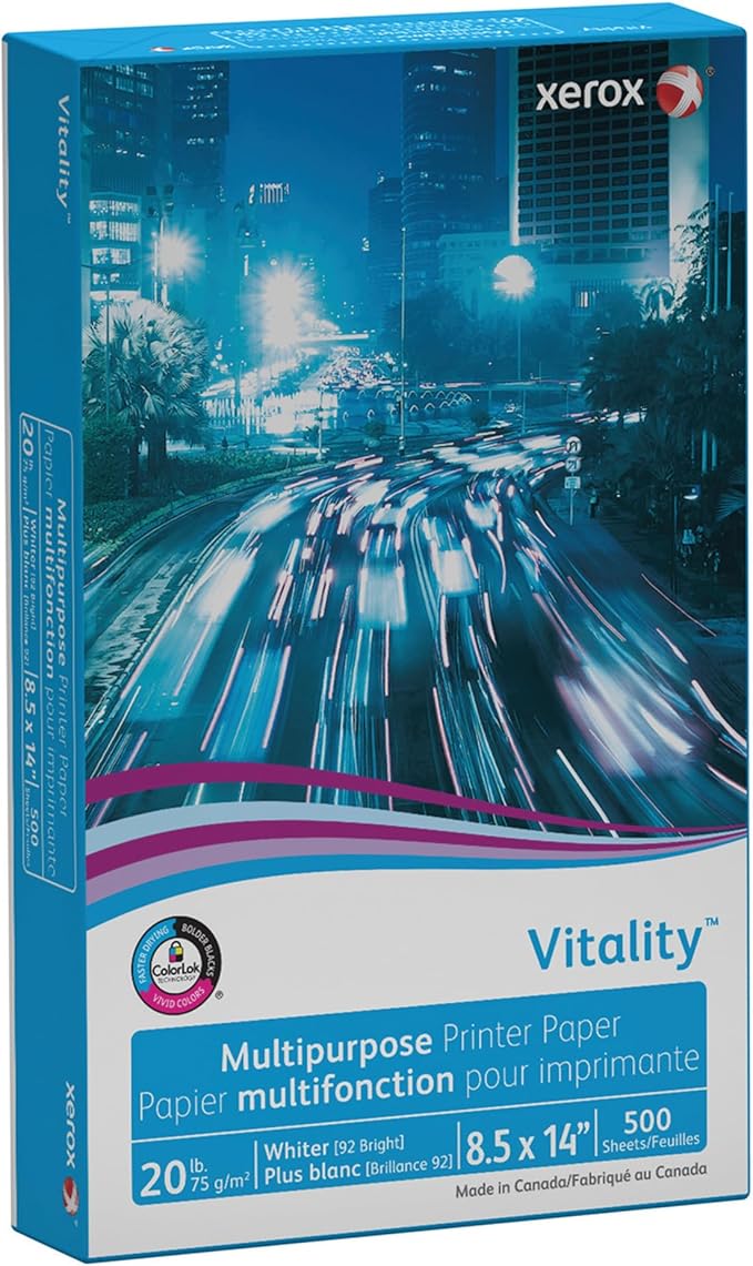 Xerox® Vitality™ Multi-Use Printer & Copy Paper, 1 Ream, White, Legal (8.5" x 14"), 500 Sheets Per Ream, 20 Lb, 92 Brightness, FSC® Certified