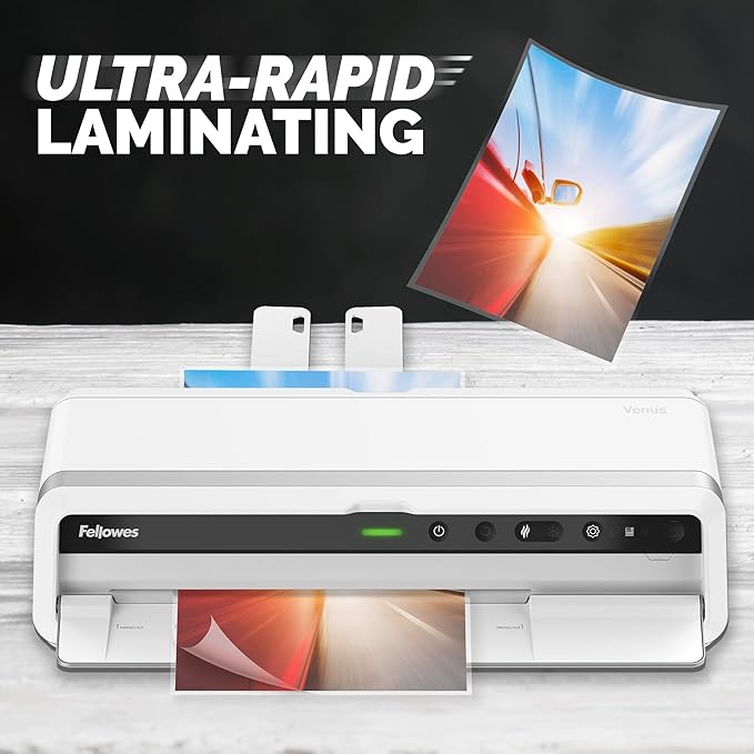 Fellowes Venus™ 125 Thermal Laminator Machine with Laminating Pouch Starter Kit, 12.5 inch, Rapid 30-60 Second Warm-Up, White/Black (5746101)