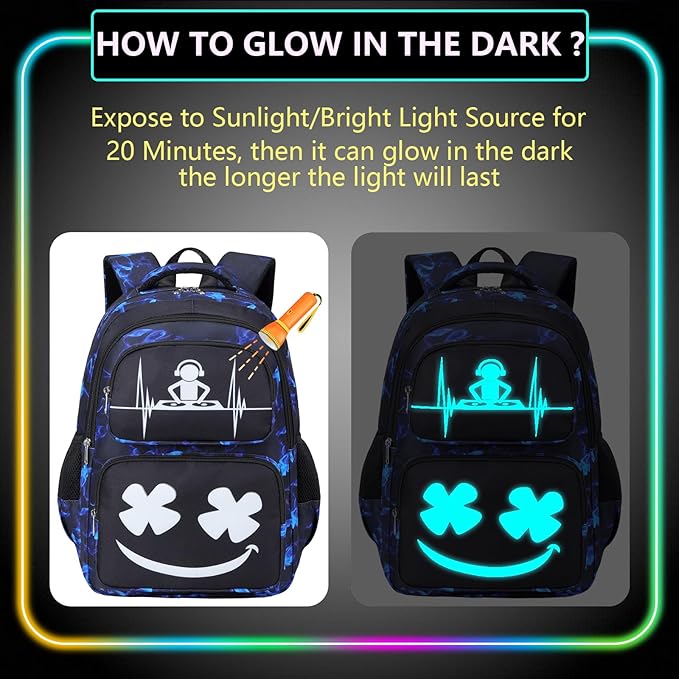 Boys Backpack with Lunch Box Glow in Dark Kids Ages 4-12 Kindergarten Elementary Middle School Teens Bookbag Mochilas Para Niños, Luminous Face Black Blue