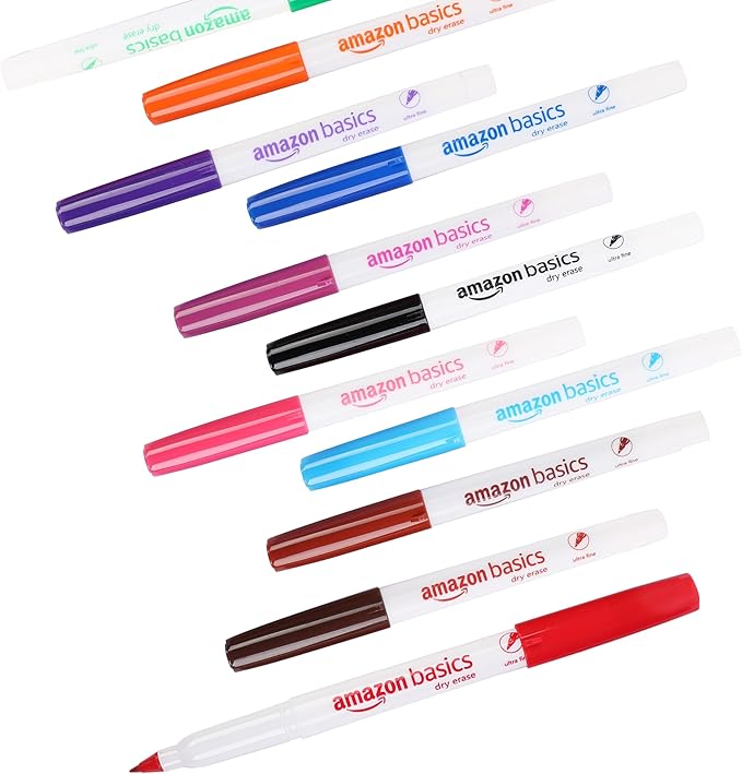 Amazon Basics Low Odor Ultra Fine Tip Dry Erase Whiteboard Markers for Precise Writing, Thin Lines, Assorted Colors, 12-Pack
