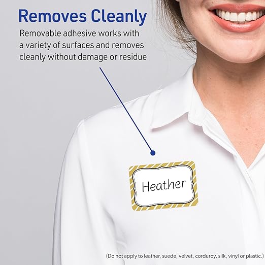 Avery Printable Adhesive Name Badges, 2-1/3" x 3-3/8", Pre-Printed Metallic Gold Zebra Pattern Design, Matte White, Laser & Inkjet Compatible, 80 Total