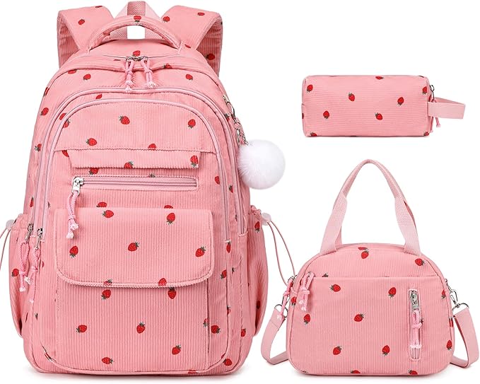 Bevalsa Backpack for Gilrs, 3PCS Corduroy Kids Backpack Set with Lunch Box & Pencil Pouch, Bookbag Daypack Laptop Bag for Women Teens Elementary Middle High School