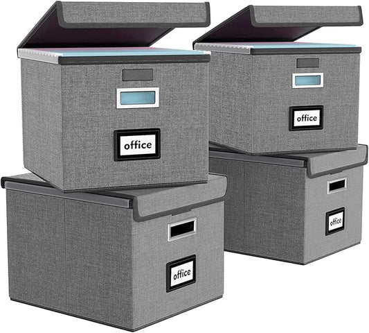 Huolewa File Organizer Box with Lid, Collapsible File Folder Organizer for Office Document Storage, Filing Box with Plastic Slide for Letter/Legal Size Hanging Files, Dark Grey