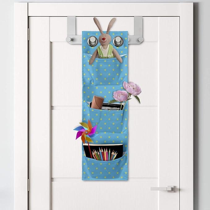 Ambesonne Stars Hanging Pocket Organizer, Continuous Abstract Pattern of Mini Star Motifs Geometric Elements, Printed Polyester Storage Bag with Pockets, 9" x 27", Sky Blue Yellow Green