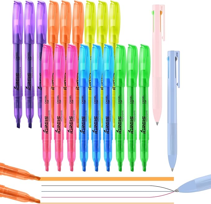 Highlighters Assorted Colors and 2 Pcs 3 in 1 Multicolor Gel Pens 6 Colors Ink, Chisel Tip Colored Highlighters Bulk, No bleed, Qucik Dry, Perfect for Class, School 20 Pack