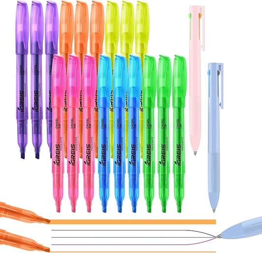 Highlighters Assorted Colors and 2 Pcs 3 in 1 Multicolor Gel Pens 6 Colors Ink, Chisel Tip Colored Highlighters Bulk, No bleed, Qucik Dry, Perfect for Class, School 20 Pack