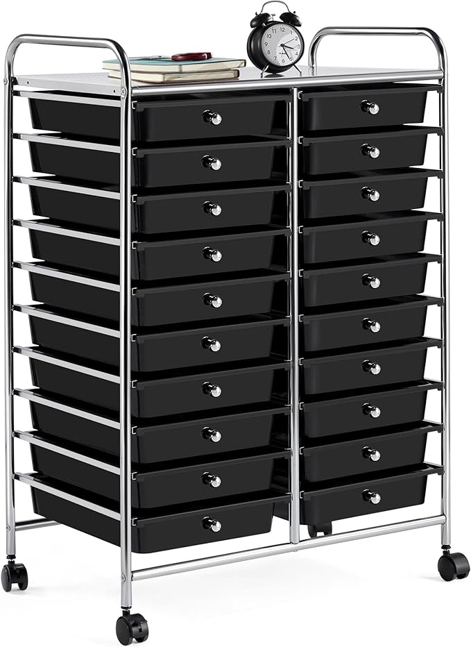 Yaheetech 20 Drawers Rolling Storage Cart Multipurpose Movable Organizer Cart Tools Scrapbook Paper Organizer on Wheels, Black