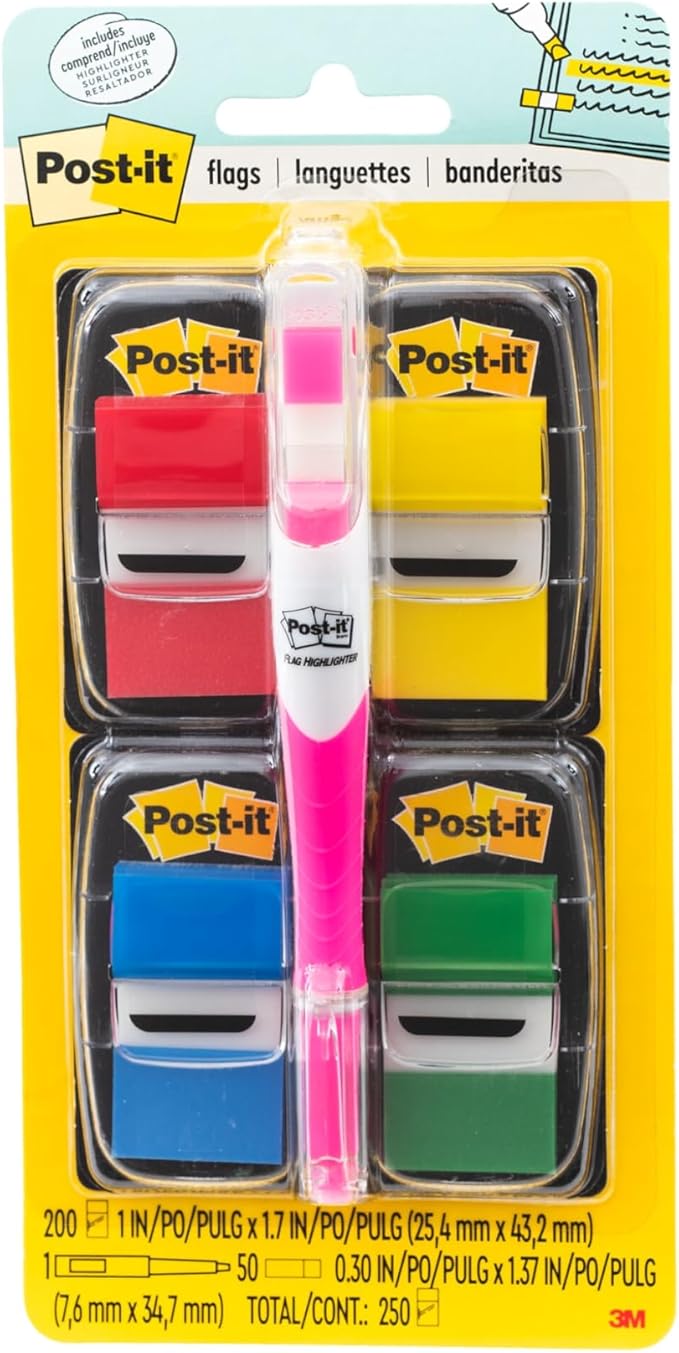 Post-it Flags Value Pack, 50/Dispenser, 4 Dispensers/Pack, 1 in Wide, Assorted Colors, Includes Free Flags + Highlighter (680-RYBGVA)