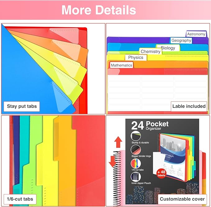 Forvencer 24 Pocket Project Organizer, 1/3-cut Tab Binder Organizer with Sticky Labels, Multi Pocket Folder with Zipper Pouch, Folder Binder Spiral Pocket Notebook, Office Supplies