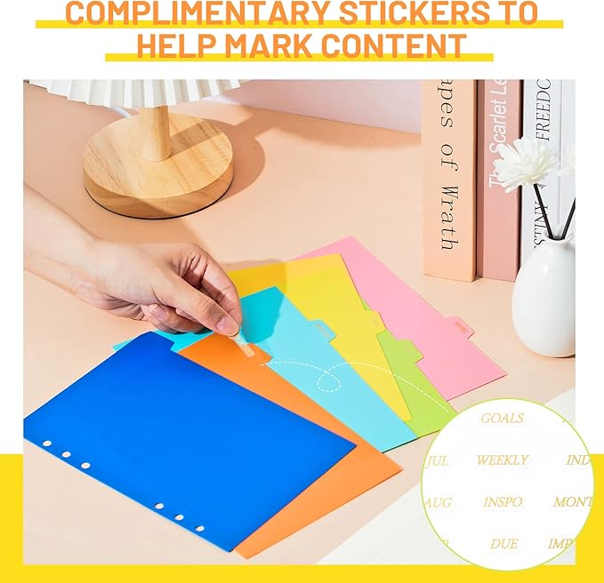 64 Pcs A5 Index Divider 6 Hole Binder Dividers 8.27 x 5.83 Inch 8 Colors Plastic Binder Dividers with Gold Month Stickers for Notebook Loose Leaf Binders Travel Diary Journal Planner