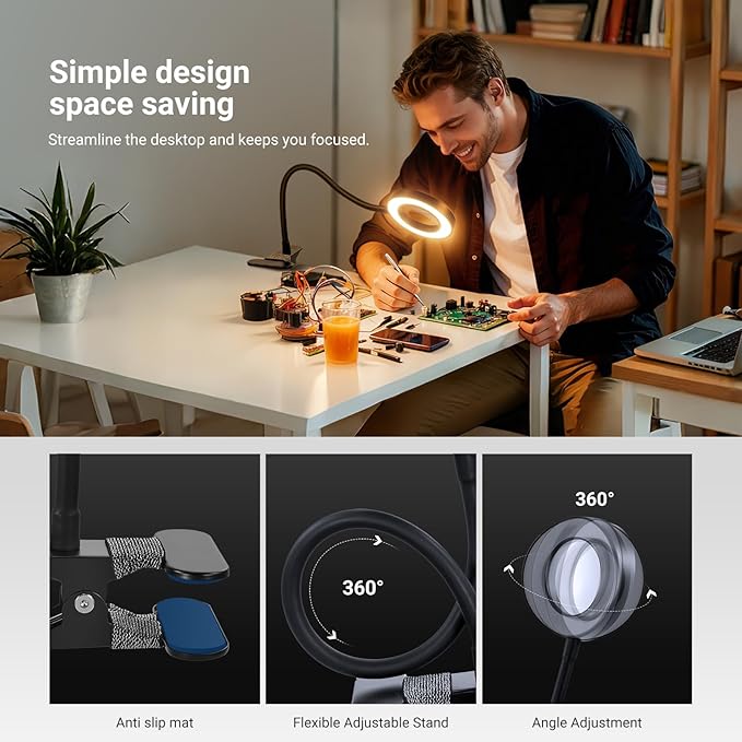 NEEWER Entry Level Version 10X Magnifying Glass with Light/Clamp Stand, 3.7" Bi Color Dimmable Magnifier Lamp Clip on Small LED Ring Light, 3 CRI80+ for Desk Crafting Reading Close up Work, N34
