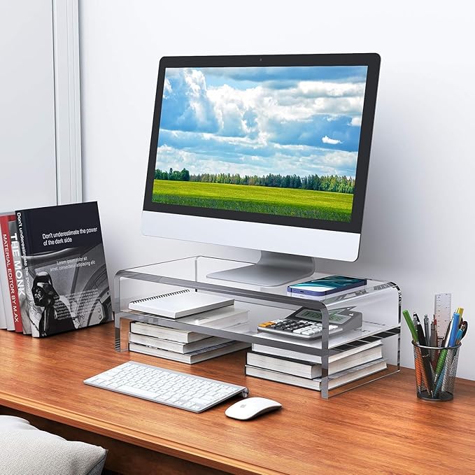 Acrylic Monitor Stand,2 Tiers Computer Monitor Riser(18x8x5.5 inches),Computer Stand/Monitor Riser for Office,School,Home,Laptop Stand Desktop Stand for Keyboard Storage&Printer TV Screen
